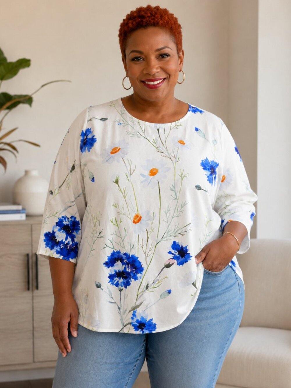Blue Floral 3/4 Sleeve Blouse – Size 1XL
